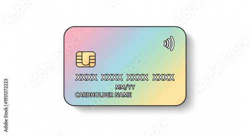 Holographic credit card with chip and contactless payment symbol on white background