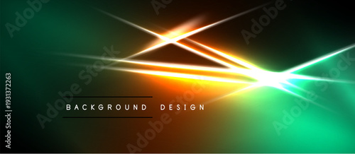 Abstract vibrant background. Diagonal lines create dynamic light effects. Gradient transitions from green to orange, black borders. Modern design element.