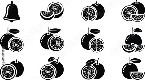 Orange fruit silhouette icon set citrus slice whole orange with leaf vector illustration isolated on white background