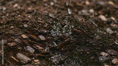 No-till farming preserves soil structure during rainfall closeup or Water drops infiltrate undisturbed soil profile erosion control time lapse