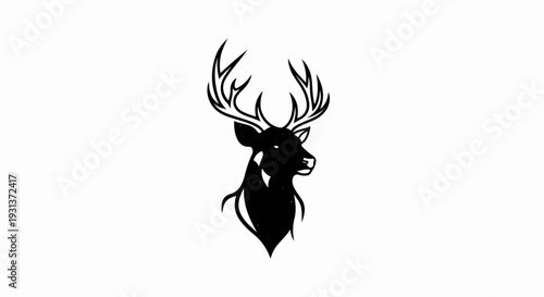 Black silhouette of a deer head with majestic antlers on white