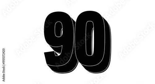 Bold black 3D numbers 90 with white outlines on a white background