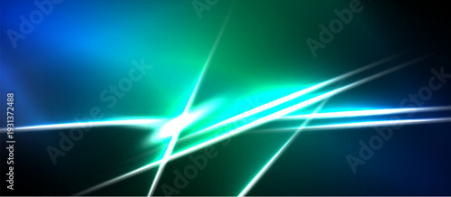 Abstract background features vibrant blue, green hues. Bright lines intersect, creating dynamic energy, light effects. Dark areas provide contrast.