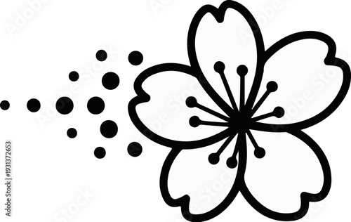 Simple black and white graphic of a cherry blossom with radiating dots
