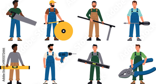 Professional construction workers and handyman characters with tools collection, flat vector builder illustration isolated on white background for repair and building industry
