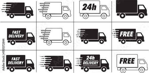 Fast delivery icon collection featuring express shipping, 24 hour service and cargo van symbols. Modern logistics truck vector set isolated on white background eps