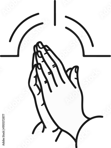 Stylized praying hands with abstract radiating lines above