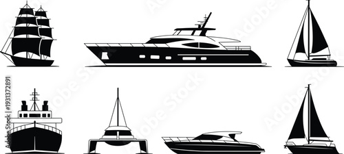 Sailboat yacht and ship silhouette collection luxury motorboat cruise liner cargo vessel vector illustration isolated on white background