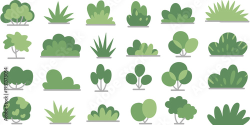 Simple green bush and plant icon set, flat garden shrubs and foliage elements collection isolated on white background