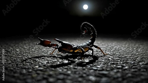 A scorpion on a dark, textured surface under moonlight.