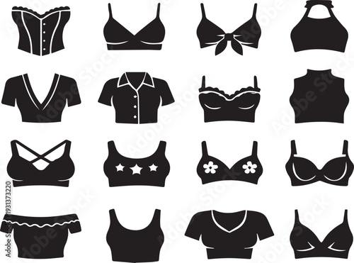 Stylish Women's Tops & Bras Vector Icon Set: Modern Lingerie, Fashion Apparel, and Crop Top Silhouettes for Design Projects, eCommerce, and Clothing Categories – Diverse Female Garment Collection