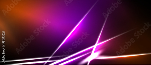 Abstract vibrant background. Orange, purple hues blend with bright linear light streaks. Dark areas contrast vivid colors, creating dynamic visual effect.