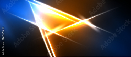 Abstract bright lines intersect. Blue, orange, white hues create dynamic energy. Dark background emphasizes luminosity, sharp angles.