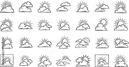 Sun and Clouds Icon Set: Variety of Weather Elements in Outline Style