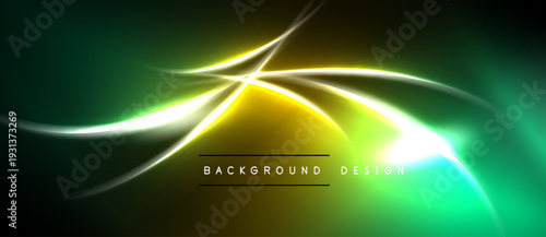 Abstract neon lines create dynamic flow. Green, yellow hues blend into dark background. Modern design element for digital projects.