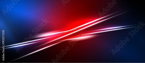 Abstract background features vibrant blue, red streaks. Light lines intersect creating dynamic visual effect. Dark areas provide contrast.