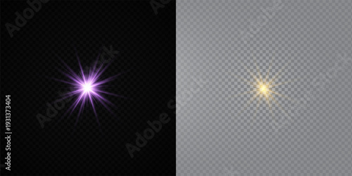 Colorful Star Light Effect Collection with Blue, Golden, and Yellow Glowing Starlight Sparkle Rays and Lens Flare Illumination on Transparent Background