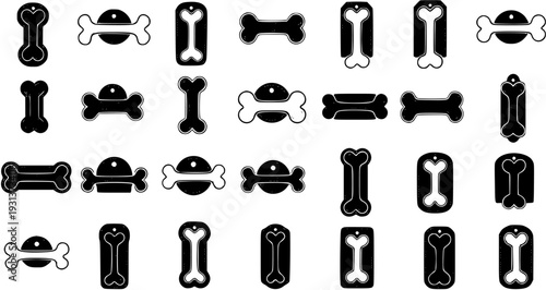 Set of Black and White Dog Bone Silhouettes and Pet ID Tag Icons