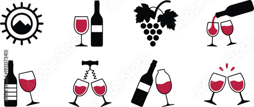 Stylized vector illustrations of wine culture icons including bottles, glasses, grapes, corkscrew, and celebration toasts for design themes.