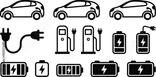 Set of 13 electric vehicle and charging icons vector