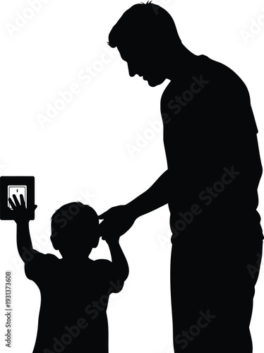 Vector illustration of father holding child hand near electric light switch for home safety concept