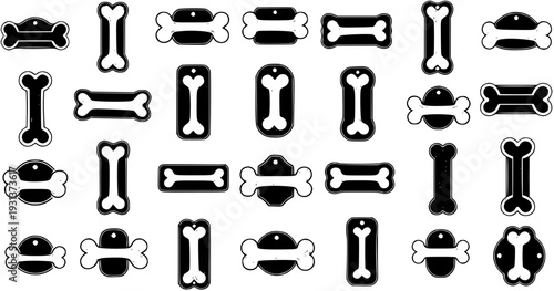 A collection of black and white bone-shaped dog tags and pet labels in various designs and orientations, isolated on a white background.