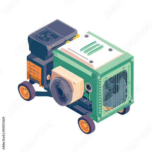Transparent background industrial portable power generator isometric flat color vector EPS for agriculture and sustainability series.