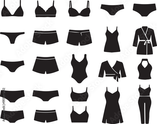 Comprehensive Women's Intimate Apparel Vector Icon Set: Lingerie, Underwear, Sleepwear, and Swimwear Silhouettes – Essential Fashion & E-commerce Graphics