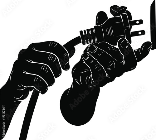 Vector illustration of hands plugging electric cord into wall outlet representing power connection