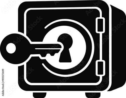 Black safe box icon with key inserted into keyhole for secure finance and protection