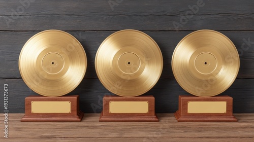 Golden Record Awards Displayed on Wooden Shelf in a Studio Setting