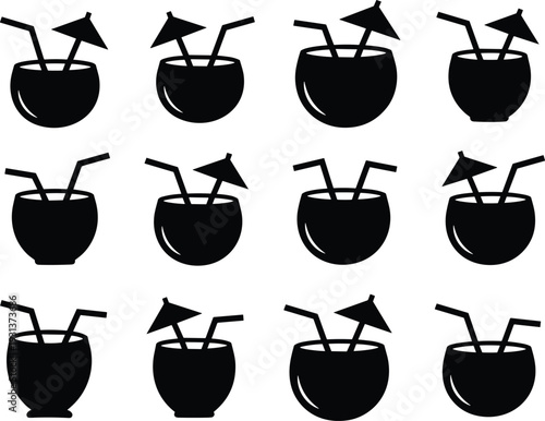 Tropical coconut drink silhouette set with cocktail umbrellas and straws isolated on white background black vector icon collection