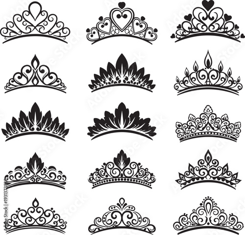 Vector tiara set. Beautiful queen tiaras or princess crown silhouettes for wedding cards and vignettes