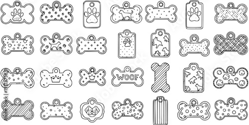 Collection of 3D dog tag designs: Vector illustration of bone-shaped and rectangular pet ID tags for personalization.