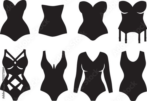 Stylish Lingerie & Underwear Vector Icons Set: Modern Intimate Apparel Silhouettes - Bras, Panties, Bodysuits, & Garter Belts for Fashion, E-commerce, and Design Projects