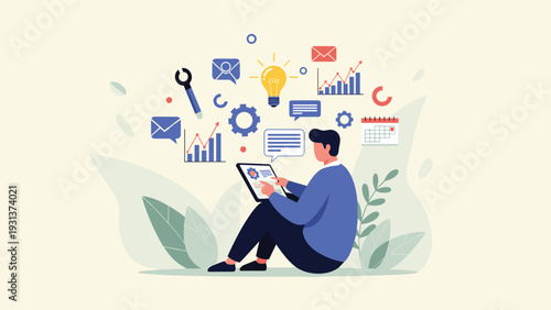 Person sitting on the floor using a digital tablet surrounded by floating icons of business tools and communication symbols.