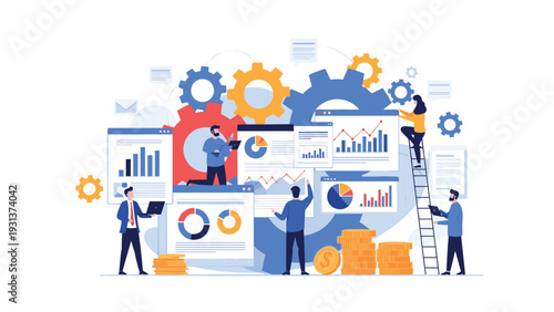 Professionals collaborating in a complex industrial environment with giant gears laptops and various data visualization charts.