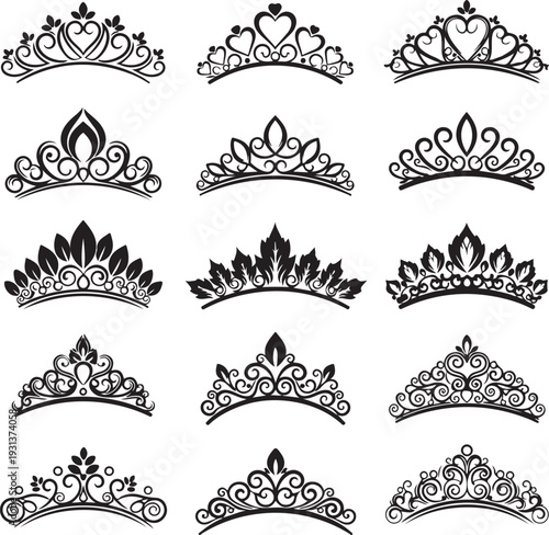 Vector tiara set. Beautiful queen tiaras or princess crown silhouettes for wedding cards and vignettes