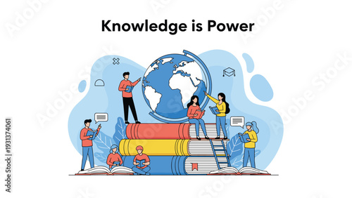 Illustration of diverse students reading and learning around a giant stack of books and a globe for knowledge is power.