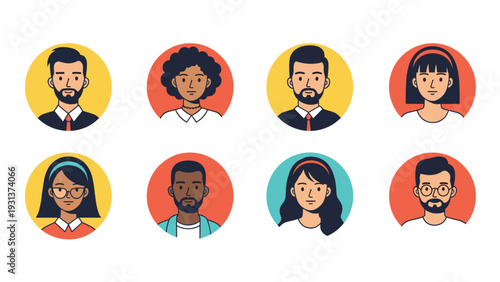 Set of eight diverse male and female avatar icons in colorful circular backgrounds showing different ethnicities and styles.