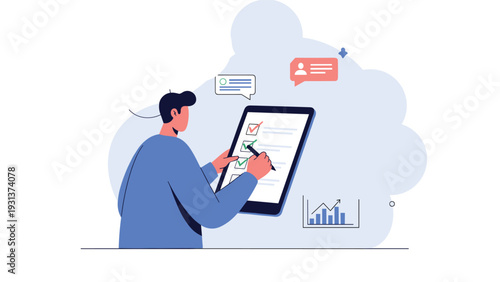 Person using a digital tablet to complete a checklist with green checkmarks representing task management and productivity.