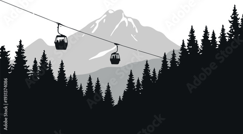 Monochrome Mountain Panorama: Iconic Gondola Ride Over Majestic Pine Forests with Snowy Peaks in Minimalist Vector Art – Perfect for Winter Travel & Outdoor Adventures
