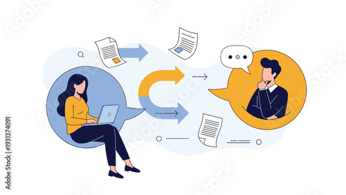 Business man and woman collaborating remotely using computers to share documents and brainstorm ideas across platforms.