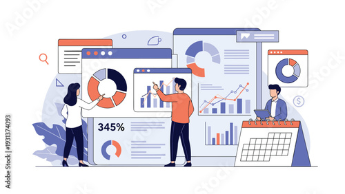 Group of professional analysts working together to monitor data and performance metrics on large digital dashboards.