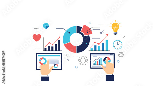 Top down view of hands using tablets to analyze financial charts graphs and statistics for a business presentation.