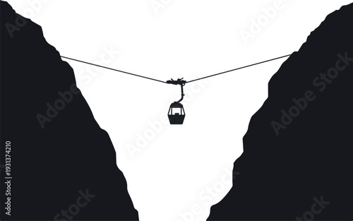 Mountain Cable Car Gondola Vector Silhouette - High-Altitude Scenic Transport, Adventure Travel, Ski Lift, Cliff Crossing Minimalist Illustration