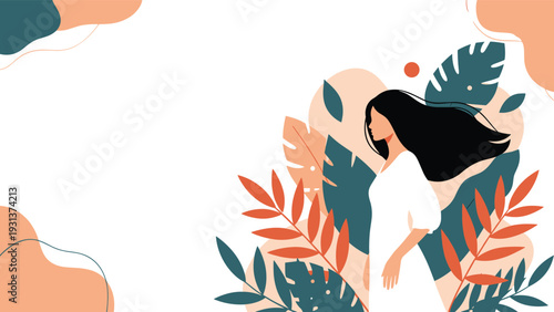 Silhouette of a woman with long flowing dark hair stands among large stylized tropical leaves in soft warm earthy tones.