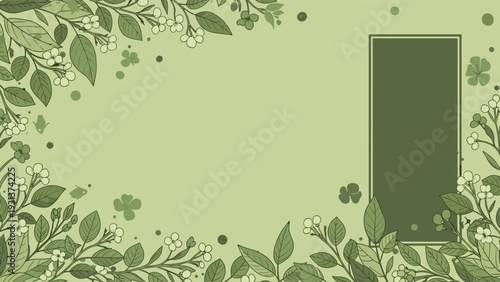 Monochrome green floral frame features various leaves and blossoms surrounding a clean rectangular text box area for copy.