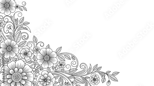 Intricate black and white floral border features stylized hand-drawn flowers and curling vines in a detailed corner design.