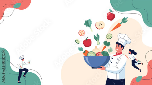 Chef holds a bowl while fresh healthy vegetables fly through the air in a vibrant culinary illustration with abstract shapes.